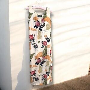 Vintage Floral French Sleeveless Maxi Summer Dress L shabby chic coastal cowgirl